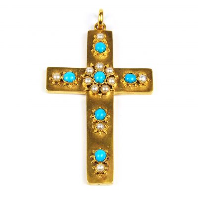 Antique Turquoise & Pearl Gold Cross