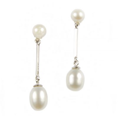 Freshwater Pearl Long Double Drop Earrings On White Gold
