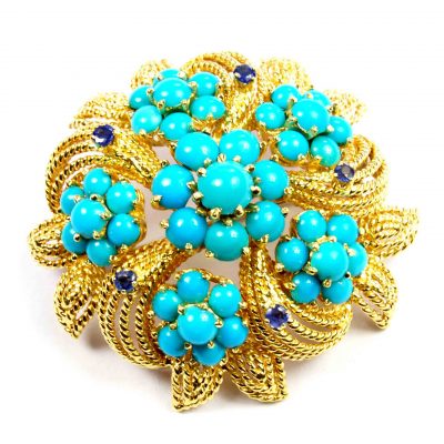 1970's Turquoise & Sapphire Set Gold Brooch